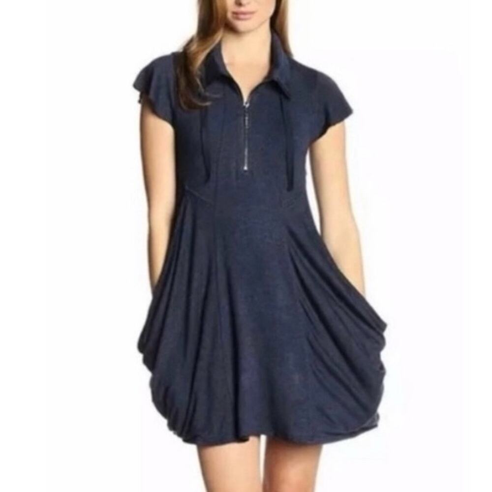 GUC Kensie Navy French-Terry Zip Front Drape Pocket Mini Dress. Size M.